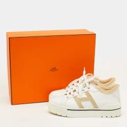 Pre Owned حذاء رياضي هيرمس جلد أبيض/بيج وفراء بعنق منخفض مقاس 40