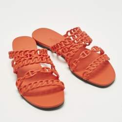 Pre Owned Hermes Chain d'Ancre Size 38 Orange Rubber Flat Slides 