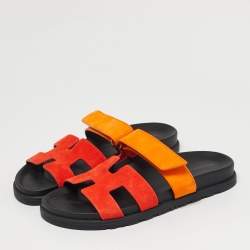 Pre Owned Hermès Chypre Size 37 Yellow/Red Suede Flat Sandals