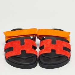 Pre Owned Hermès Chypre Size 37 Yellow/Red Suede Flat Sandals