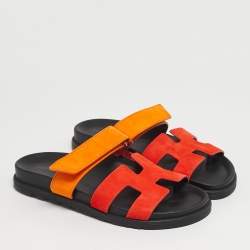 Pre Owned Hermès Chypre Size 37 Yellow/Red Suede Flat Sandals