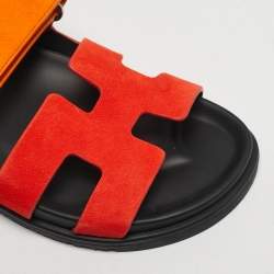 Pre Owned Hermès Chypre Size 37 Yellow/Red Suede Flat Sandals