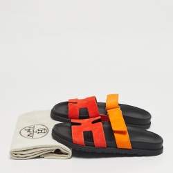 Pre Owned Hermès Chypre Size 37 Yellow/Red Suede Flat Sandals