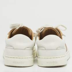 Pre Owned Hermes Day Size 37 White/Beige Leather Lace Up Sneakers