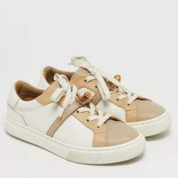 Pre Owned Hermes Day Size 37 White/Beige Leather Lace Up Sneakers