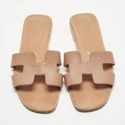 مملوكة مسبقًا Hermes Oran Size 38 Beige Leather Flat Slides