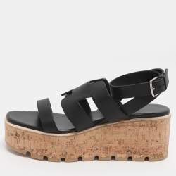 مملوكة مسبقًا Hermes Havane Size 40 Black Leather Cork Wedge Ankle Strap Sandals