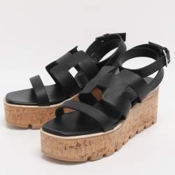 مملوكة مسبقًا Hermes Havane Size 40 Black Leather Cork Wedge Ankle Strap Sandals