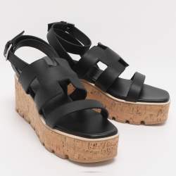 مملوكة مسبقًا Hermes Havane Size 40 Black Leather Cork Wedge Ankle Strap Sandals