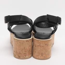 مملوكة مسبقًا Hermes Havane Size 40 Black Leather Cork Wedge Ankle Strap Sandals