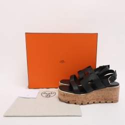 مملوكة مسبقًا Hermes Havane Size 40 Black Leather Cork Wedge Ankle Strap Sandals