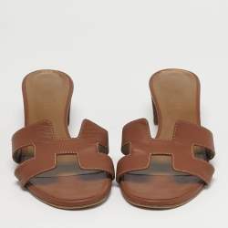Pre Owned Hermes Oasis Size 40 Brown Leather Slide Sandals