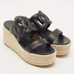 مملوكة مسبقًا Hermes Ithea Size 40 Black Leather Wedge Sandals