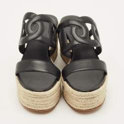 مملوكة مسبقًا Hermes Ithea Size 40 Black Leather Wedge Sandals