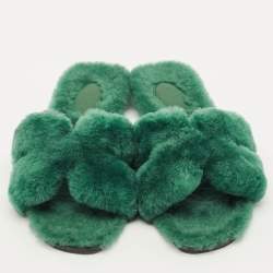 Pre Owned صندل هيرميس أوران فرو بني مسطح مقاس 38