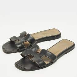 Pre Owned Hermes Oran Size 37 Black Leather Flat Slide