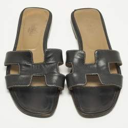 Pre Owned Hermes Oran Size 37 Black Leather Flat Slide