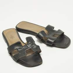 Pre Owned Hermes Oran Size 37 Black Leather Flat Slide
