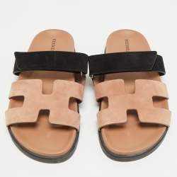 Pre Owned صندل سلايد هيرمس تشيبري سويدي بني/أسود مسطح مقاس 38