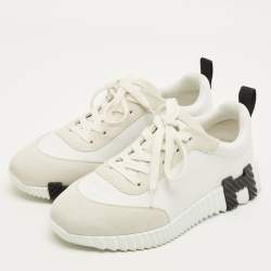 Pre Owned حذاء رياضي هيرمس جلد وسويدي أبيض/رمادي مقاس 37.5