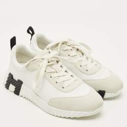 Pre Owned حذاء رياضي هيرمس جلد وسويدي أبيض/رمادي مقاس 37.5