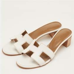 Pre Owned Hermes Oasis Size 37.5 White Leather Slide Sandals