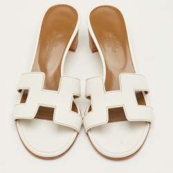 Pre Owned Hermes Oasis Size 37.5 White Leather Slide Sandals