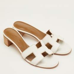 Pre Owned Hermes Oasis Size 37.5 White Leather Slide Sandals
