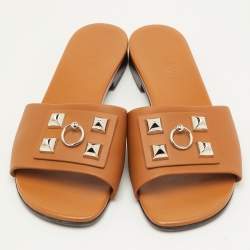 مملوكة مسبقًا صندل سلايد هيرمس Dune Bois جلد بني فاتح مقاس 37.5