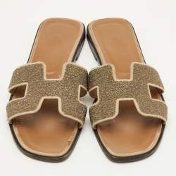 Pre Owned Hermes Oran Size 39 Grey Glitter and Suede Flat Slide Sandals