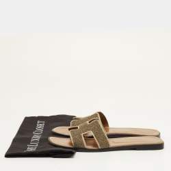 Pre Owned Hermes Oran Size 39 Grey Glitter and Suede Flat Slide Sandals