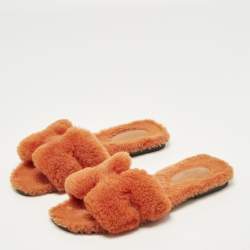 Pre Owned Hermes Oran Size 37 Orange Shearling Fur Flat Slides