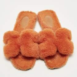 Pre Owned Hermes Oran Size 37 Orange Shearling Fur Flat Slides