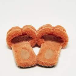 Pre Owned Hermes Oran Size 37 Orange Shearling Fur Flat Slides