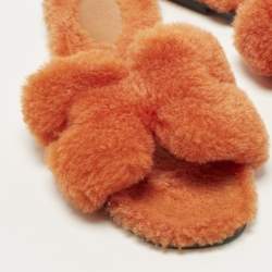 Pre Owned Hermes Oran Size 37 Orange Shearling Fur Flat Slides