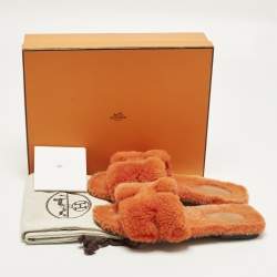 Pre Owned Hermes Oran Size 37 Orange Shearling Fur Flat Slides