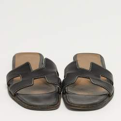 Pre Owned Hermes Oran Size 37.5 Black Leather Flat Slide