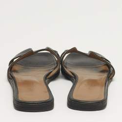 Pre Owned Hermes Oran Size 37.5 Black Leather Flat Slide