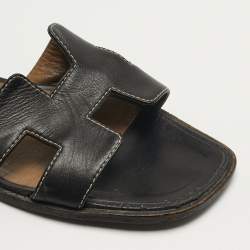 Pre Owned Hermes Oran Size 37.5 Black Leather Flat Slide