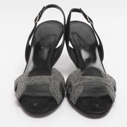 مملوكة مسبقًا Hermès Night Size 38 Black/Silver Glitter and Suede Slingback Sandals