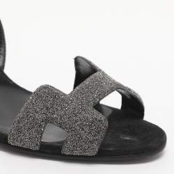مملوكة مسبقًا Hermès Night Size 38 Black/Silver Glitter and Suede Slingback Sandals