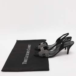 مملوكة مسبقًا Hermès Night Size 38 Black/Silver Glitter and Suede Slingback Sandals