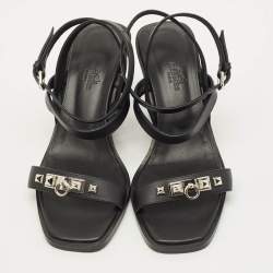 مملوكة مسبقًا Hermes Ivresse 65 Size 37.5 Black Leather Ankle Strap Sandals