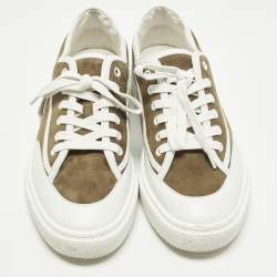 مملوكة مسبقًا حذاء رياضي هيرمس جلد وزغب أبيض وأخضر برباط مقاس 40