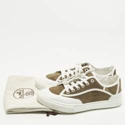 مملوكة مسبقًا حذاء رياضي هيرمس جلد وزغب أبيض وأخضر برباط مقاس 40