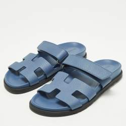 مملوكة مسبقًا Hermes Chypre Size 37.5 Blue Leather Flat Slide