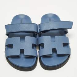 مملوكة مسبقًا Hermes Chypre Size 37.5 Blue Leather Flat Slide