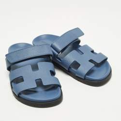 مملوكة مسبقًا Hermes Chypre Size 37.5 Blue Leather Flat Slide
