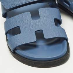 مملوكة مسبقًا Hermes Chypre Size 37.5 Blue Leather Flat Slide