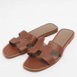 Pre Owned Hermes Oran Size 35 Brown Leather Flat Sandals